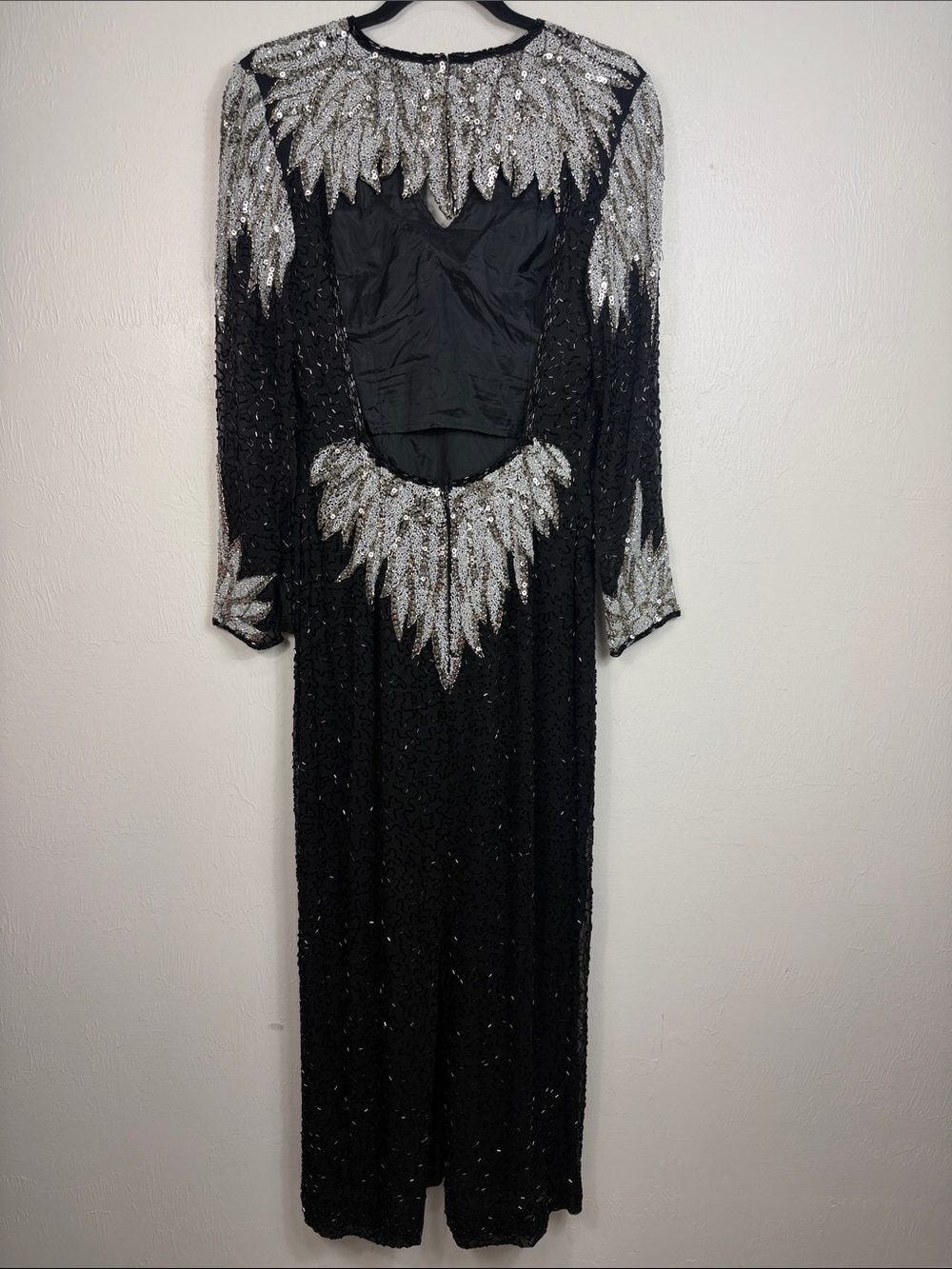 Vintage Black Silver Beaded Sequin Open Back Maxi Dress Size M Long Sleeve - Picture 4 of 8